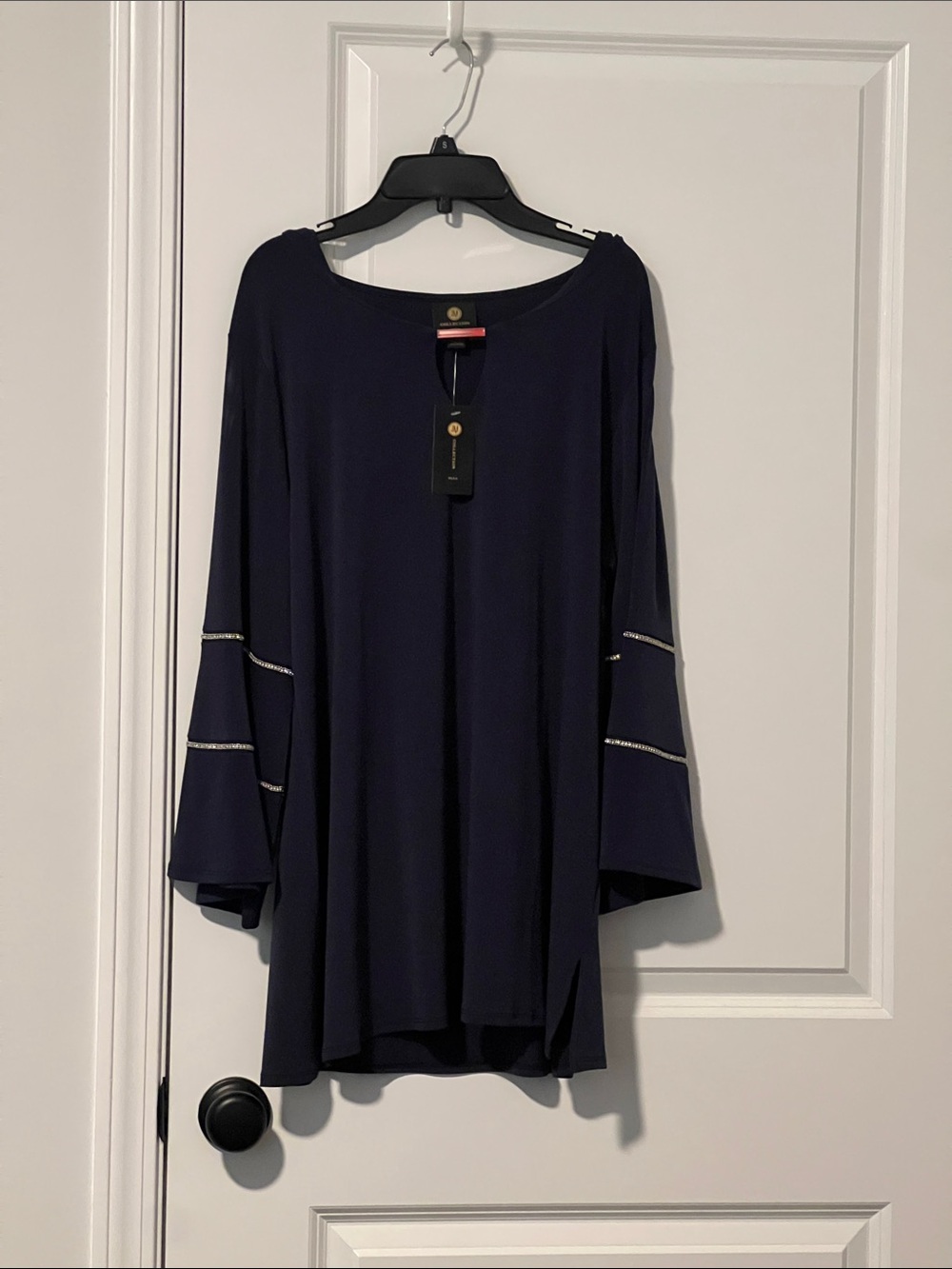 JM Collection Navy Tunic with Metallic Sleeve Bands